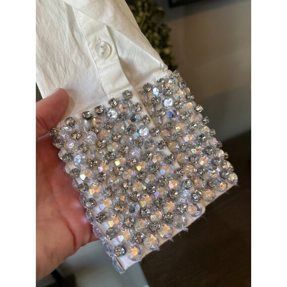 Retrofete Katie Rhinestone Cuff Button Up Shirt White Silver Womens Size XS - Picture 12 of 13